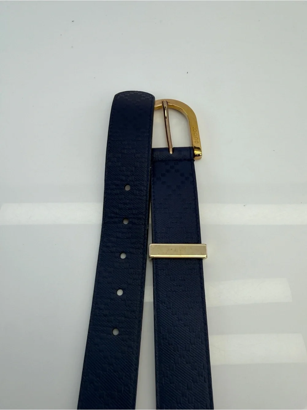 Gucci Navy Diamanté Leather Belt with Gold-Tone Buckle 354382 85/34